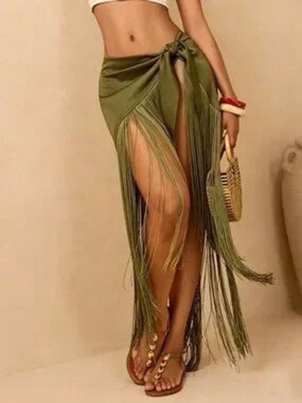 Green Boho Women's Vacation Fringe Skirt